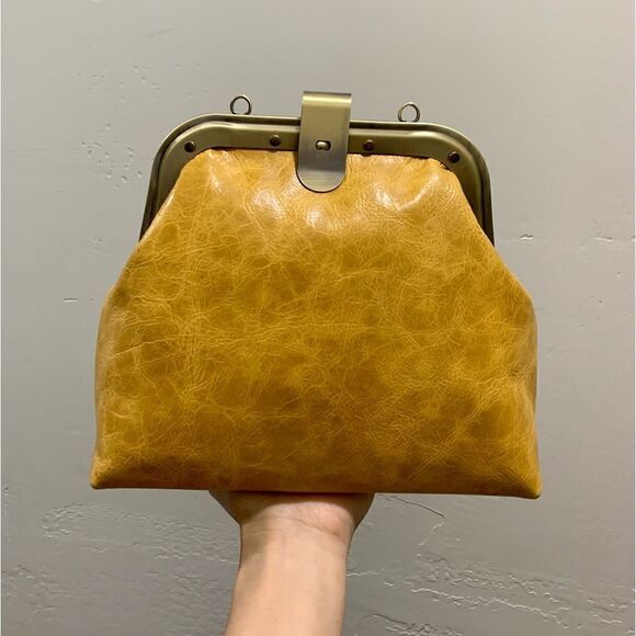 Unique Distressed Leather Handmade Rivet frame Push Lock Purse, Multi Use Style. - Picture 7 of 15